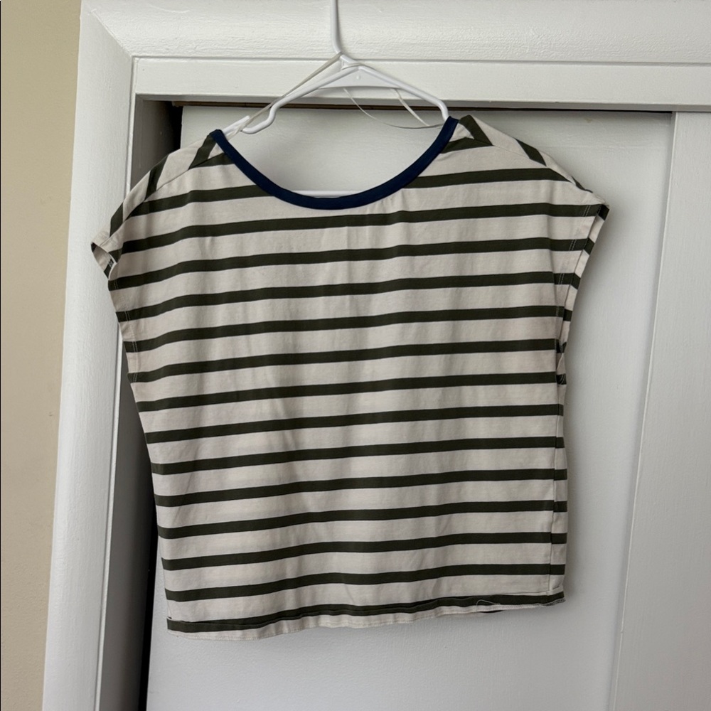 Halogen Striped Short Sleeve Top - Olive and Cream